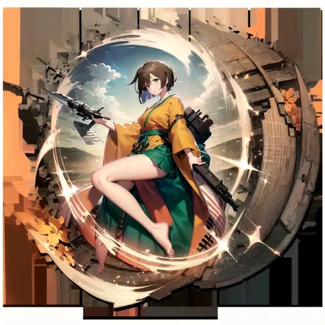 (masterpiece), (best quality), (ultra-detailed), photorealistic, (best illustration), (an extremely delicate and beautiful), 1girl, (hiryuuchan:1.22),  solo, full body, finely detailed iris, smile, green hakama short skirt, orange kimono, (one side up), [(white background:1.5)::5]  <lora:hiryuu_nai_7:1:OUTD_123> <lora:style_arknightse2art:1>, finely detailed eyes, propeller airplane, barefoot,