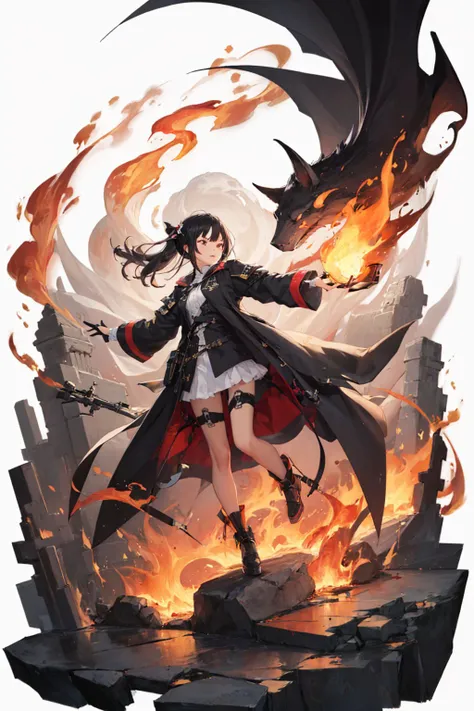 (masterpiece, best quality:1.2), <lyco:style_arknightse2art-10:1.0>, [(white background:1.5)::5], flames, fire, full body, solo, 1girl