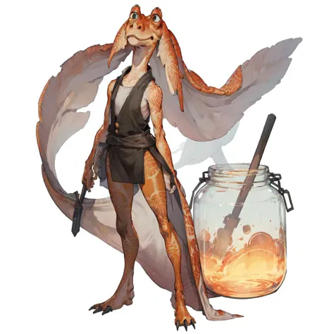 masterpiece, best quality, jar jar binks, Beautiful Art Style, 1girl, young woman, full body, suit with buttonhole, touching, [(white background:1.5)::5], standing,  <lora:style_arknightse2art-10:1> <lora:jarJarBinksGunganStar_v3:0.6>