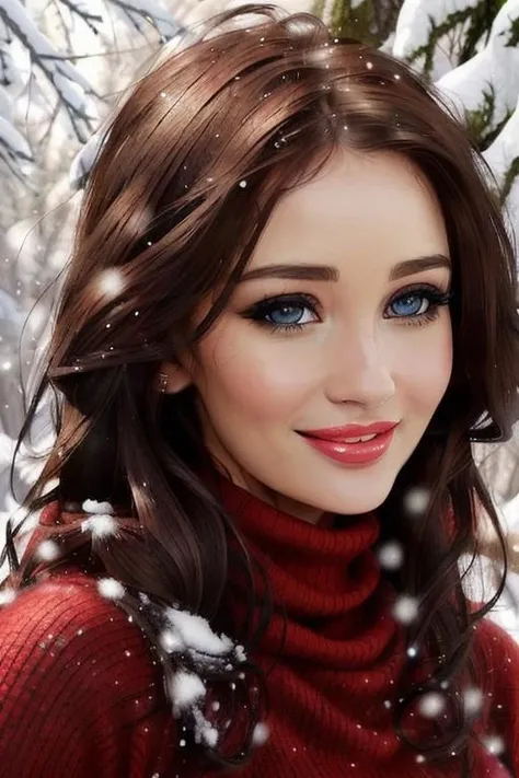 photo of beautiful (<lora:petatodd-10:0.8>, petatodd), a woman, ((outdoors, forest, snow):1.2), smiling, ((turtleneck sweater):1.1),((closeup, portrait):1.1) ((best quality, masterpiece):1.2) ((red lips, eye shadow, eyeliner):1.1), (photorealistic:1.2) (best quality) ((detailed eyes, detailed face):1.2)(intricate details) (8k) (HDR) (cinematic lighting) (sharp focus)