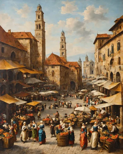breathtaking ((Masterpiece, best quality)),beautiful colors, sharp contrast,oil painting, vintage,crackled paint,
painting of a city market square
painted in renaissance style
<lora:edgRenaissanceXL:0.9> <lora:MedEvil:0.3> . award-winning, professional, highly detailed