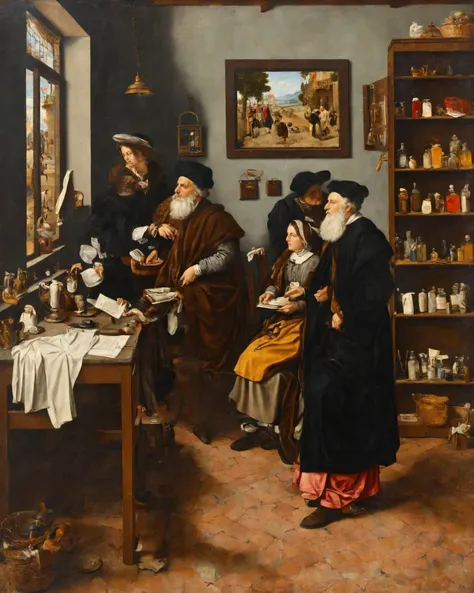 breathtaking ((Masterpiece, best quality)),beautiful colors, sharp contrast,oil painting, vintage,crackled paint,
painting of a visitor to the doctor's shop
painted in renaissance style
<lora:edgRenaissanceXL:0.9> <lora:MedEvil:0.3> . award-winning, professional, highly detailed