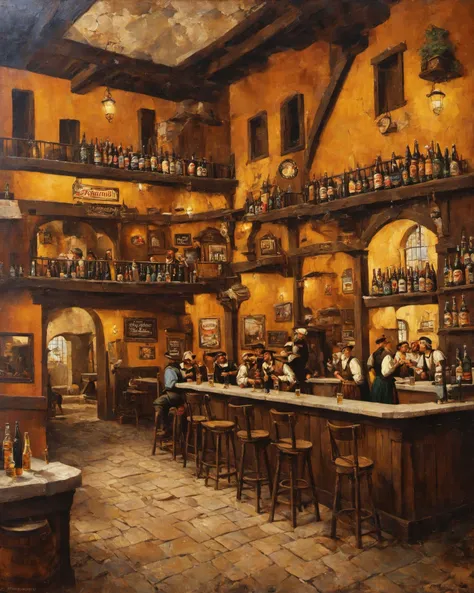 smoky pub, illustration by Jean-Pierre Gibrat, detailed background, indoors