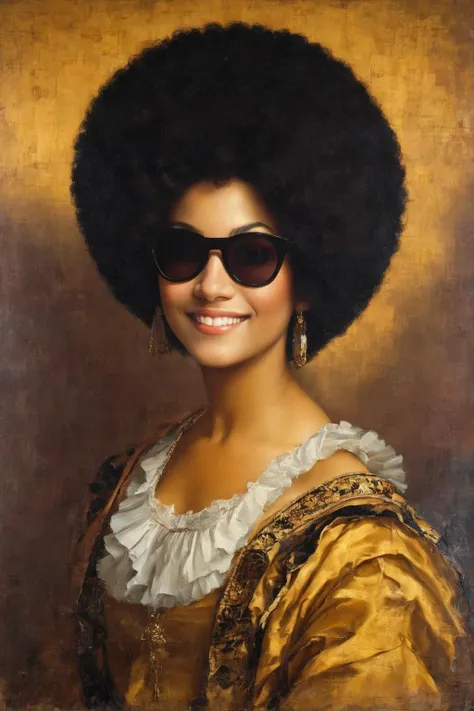 ((Masterpiece, best quality)),beautiful colors, sharp contrast,oil painting, vintage,crackled paint,
painting of a portrait, woman smiling with ((an afro hairstyle)) and sunglasses
painted in renaissance style
<lora:edgRenaissanceXL:0.9>