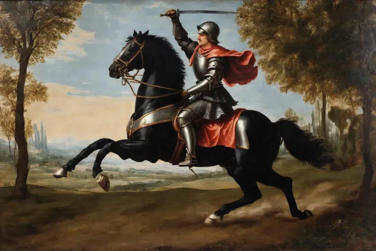((Masterpiece, best quality)),beautiful colors, sharp contrast,oil painting, vintage,crackled paint,
painting of a knight charging 
painted in renaissance style
 <lora:edgRenaissanceXL:0.9>