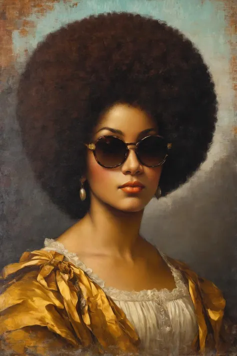 ((Masterpiece, best quality)),beautiful colors, sharp contrast,oil painting, vintage,crackled paint,
painting of a portrait, woman with ((an afro hairstyle)) and sunglasses
painted in renaissance style
 <lora:edgRenaissanceXL:0.9>