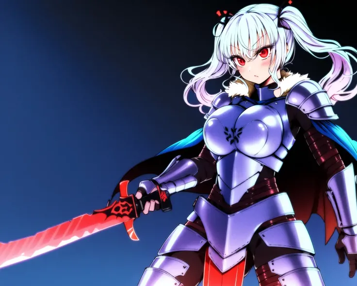 1girl, standing, roki_hirokix style, twintails, weapon, sword, armor, solo, gauntlets, greatsword, cape, fur cloak, guts \(berserk\), red eyes, holding, holding weapon, holding sword, huge weapon, full armor, breastplate, greaves, dark atmosphere, black background, blue theme, glowing, simple background