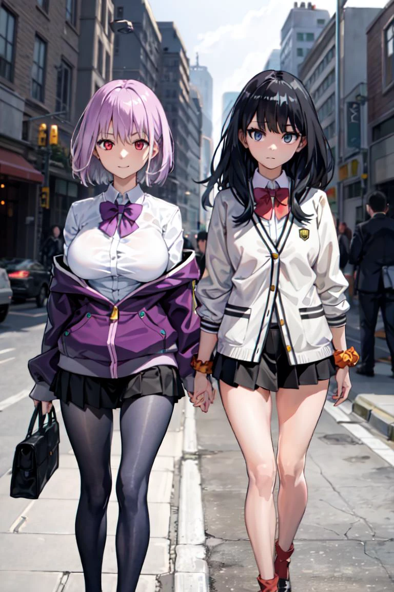 masterpiece, best quality, (2 girls), city, walking
BREAK aaakane, short hair, red eyes, large breasts, purple bowtie, collared shirt, white shirt, off shoulder, purple jacket, partially unzipped, long sleeves, sleeves past wrists, pleated skirt, black skirt, pantyhose, <lora:shinjou_akane_v2:0.6>, light smile,
BREAK rikka1, takarada rikka, black hair, blue eyes, wrist scrunchie, long hair, red socks, school uniform, black skirt, bangs, pleated skirt, orange scrunchie, red bow, white cardigan, long sleeves, bowtie, white shirt, miniskirt, white sweater, emotionless, <lora:takarada_rikka_v1:0.6>
