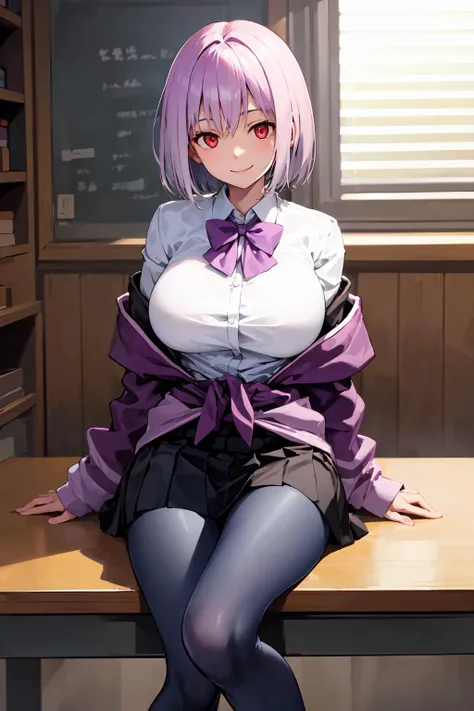 akaneshinjou, shinjou akane, light purple hair, (pink eyes:1.2), short hair,
BREAK black pantyhose, bow, collared shirt, hood, hooded jacket, jacket, open clothes, open jacket, open shirt, pantyhose, purple bow, purple jacket, school uniform, shirt, sleeves past wrists, unbuttoned shirt, white shirt,huge boobs,nsfw,pov,
BREAK indoors, city,
BREAK looking at viewer, BREAK (masterpiece:1.2), best quality, high resolution, unity 8k wallpaper, (illustration:0.8), (beautiful detailed eyes:1.6), extremely detailed face, perfect lighting, extremely detailed CG, (perfect hands, perfect anatomy),