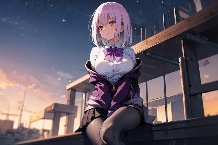 <lora:shinjou_akane_v2:0.8> aaakane, short hair, red eyes, large breasts, purple bowtie, collared shirt, white shirt, purple jacket, partially unzipped, long sleeves, sleeves past wrists, pleated skirt, black skirt, pantyhose, clothes around waist, on roof, starry sky, star \(sky\), sitting, hugging own legs, black loafers, depth of field, masterpiece, best quality, highres, <lora:GoodHands-vanilla:1> nice hands, perfect hands