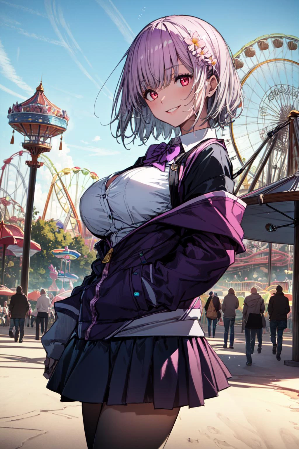 (masterpiece, best quality:1.3),beautiful detailed glow,best illuminate,(((best quality,textile shading,ultra detailed))),extremely detailed CG unity 8k wallpaper,Highly Detailed beautiful and aesthetic,best light,high resolution,detailed,dynamic lighting,
1girl, solo,seductive smile,
(Amusement park:1.5),(attractions, theme parks,roller coaster:1.2),(ferris wheel:1.2),(flower,fountain:1.3),(outdoor:1.3),(blue sky:1.3),
<lora:add_detail:0.5>,
<lora:shinjou_akane_v2:0.8>,aaakane, short hair, red eyes, large breasts, purple bowtie, collared shirt, white shirt, off shoulder, purple jacket, partially unzipped, long sleeves, sleeves past wrists, pleated skirt, black skirt, pantyhose,