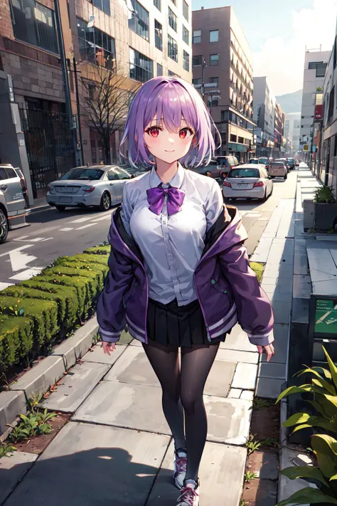 Anime girl walking down the street in a purple jacket and black skirt ...