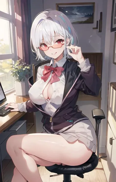 (SFW), masterpiece, best quality, highres 64k, professional artwork, famous artwork, clean, cinematic lighting, beautiful eyes + detail, beautiful hair + detail, multicoloured hair, (sexy young female body:1.4), ( large breasts, lactation), happy:1.2, smile, sexy looking at the viewer, floating hair, (shinjou_akane, red eyes, white hair, short hair, makeup, sexy lips, glasses, ), indoors, bedroom, sitting on computer chair, (welcome home) <lora:shinjou_akane_v2:0.675> from side,