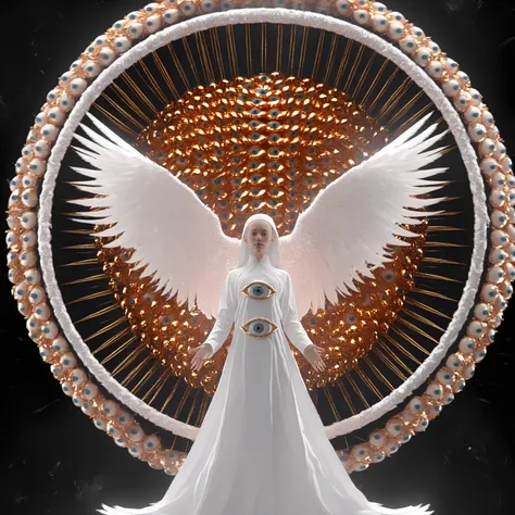 leogirl, seraphins, mystical creature with hundreds of eyes and wings, with the shape of a giant ring, circular hoops around body, massive size, angelical lights <lora:Seraphins1.0-000038:0.8>