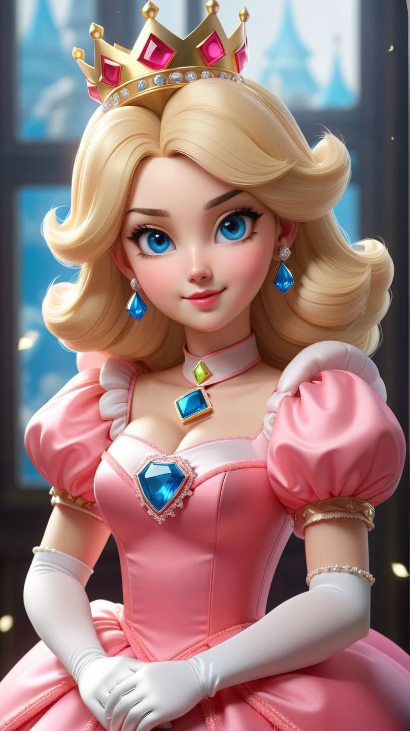 (masterpiece:1.1),(best quality:1.1),1girl,seraphins princess peach,blonde hair,blue eyes,long hair,crown,dress,gem,gloves,pink dress,puffy short sleeves,puffy sleeves,short sleeves,white gloves,evil smile,glossy lips,glossy skin,blushing,<lora:Seraphins1.0-000038:1>,