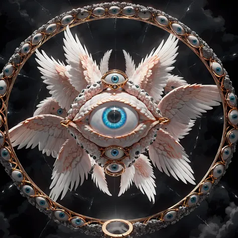 seraphins, mystical creature with hundreds of eyes and wings, with the shape of a giant ring, circular hoops around body, massive size, angelical lights <lora:Seraphins1.0-000038:0.8>