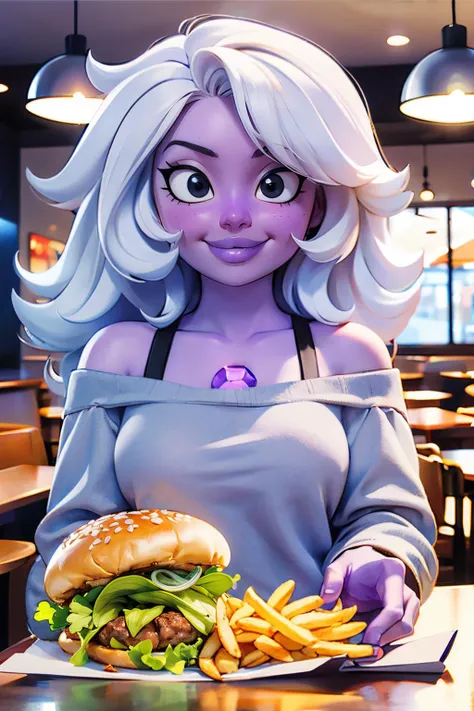 Amethyst, colored skin, purple skin, curvy, long white hair, messy hair,black eyes, gem between collarbone, grey shirt, off shoulder, looking at viewer, smiling, sitting, inside fast food restaurant,table, holding hamburger, french fries, playful ambiance, high quality, masterpiece, <lora:Amethyst:.8> <lora:ColoredSkin:.8>