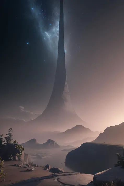 masterpiece, best quality, bghaloring, scenery, horizon, vista, mountainous horizon, <lora:haloring-halo-richy-v1:1>, dark, darkness, night, night sky, starry sky, Distant City Skyline, City Lights, Subsurface Scattering, Light Scattering, PBR, Global Illumination, Ray Traced, Unreal Engine 5, Raytracing, Nanite