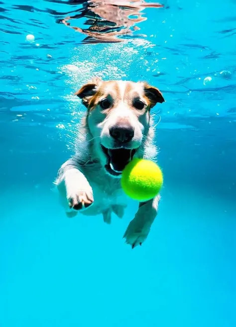 A dog underwater with a tennis ball in his mouth. There are bubbles everywhere. The dog is swimming and biting on a tennis ball.