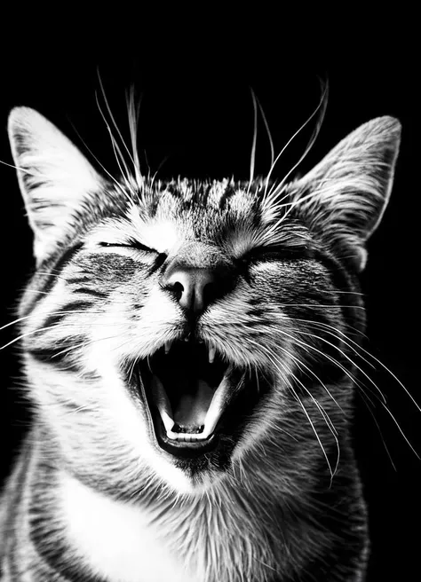 A close up black and white shot of a cat. It's looking directly at the camera. It's yawning.