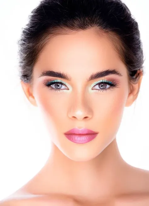 A close up beauty photo of a woman's face. Her entire face is visible. She's wearing luminescent makeup around her eyes. Her lips are a complementary color to her eye makeup. She's looking directly at the camera. Behind her is a stark white background.