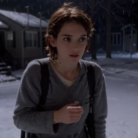 <lora:Winona Ryder (90s) SDXL - Trigger is Winona Person :1>, ,winona Person rescues a lost creature trapped in a snowstorm, discovering an enchanted crystal