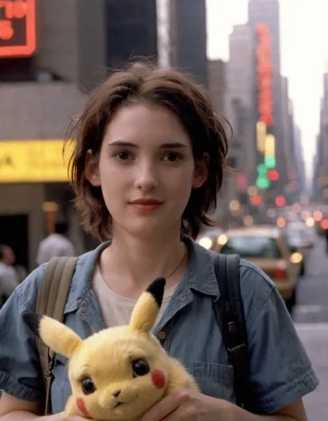 <lora:Winona Ryder (90s) SDXL - Trigger is Winona Person :1> Located in Time Square new york, winona person is seen ( holding a pikachu,:1.2)  . Wearing a 90s cool headband scrunchy. Golden hour.