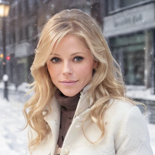 professional portrait photograph of a gorgeous Julie_Bowen in winter clothing with long wavy blonde hair, ((sultry flirty look)), freckles, beautiful symmetrical face, cute natural makeup, ((standing outside in snowy city street)), stunning modern urban upscale environment, ultra realistic, concept art, elegant, highly detailed, intricate, sharp focus, depth of field, f/1. 8, 85mm, medium shot, mid shot, (centered image composition), (professionally color graded), ((bright soft diffused light)), volumetric fog, trending on instagram, trending on tumblr, hdr 4k, 8k <lora:Julie_Bowen v1.0:1>
