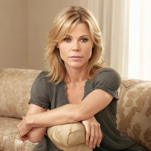 ultra realistic photo portrait of Julie_Bowen kneeling on a couch, beautiful face, nonchalant kind look, realistic round eyes, tone mapped, intricate, elegant, highly detailed, smooth, sharp focus, 4k, 8k <lora:Julie_Bowen v1.0:0.6>