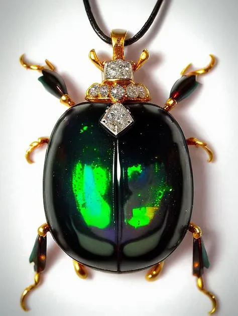 object, (Intricate magic pendant of diamonds Black pinfire opal gold), scarab beetle, (masterpiece), realistic colorful photography, solo focus, professional photograph, <lora:Beetle:1>