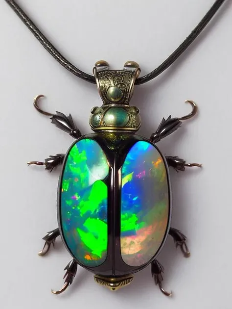 object, (Intricate magic pendant of Scheelite Andamooka opal Palladium), scarab beetle, (masterpiece), realistic colorful photography, solo focus, professional photograph, <lora:Beetle:1>