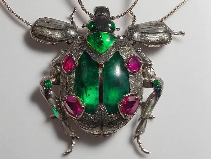 object, (Intricate magic pendant of emeralds sapphires rubies and silver), hanging on neck, scarab beetle, (masterpiece), realistic colorful photography, solo focus, professional photograph, <lora:Beetle:1>