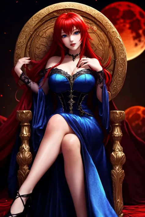 masterpiece, highly detailed CG unified 8K wallpapers, (HQ skin:1.2),8k uhd, dslr, high quality, ((a woman in a vampire queen dress, sitting in a throne, blood on face, blood moon)), red hair, very long hair, blue eyes, beautiful and detailed eyes, beautiful skin, attractive, ultra-high resolution, high-definition, <lora:rias-gremory:0.75> rias