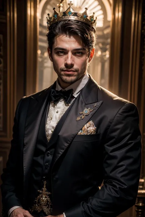 (8k, RAW photo, highest quality),(epic realistic:1.5), 1guy, muscular, black suit, black tie, smirk, cool, dark, intricate details,cinematic, dark studio,(hdr:1.5),detailed, wearing a crown, royal, affection, romance