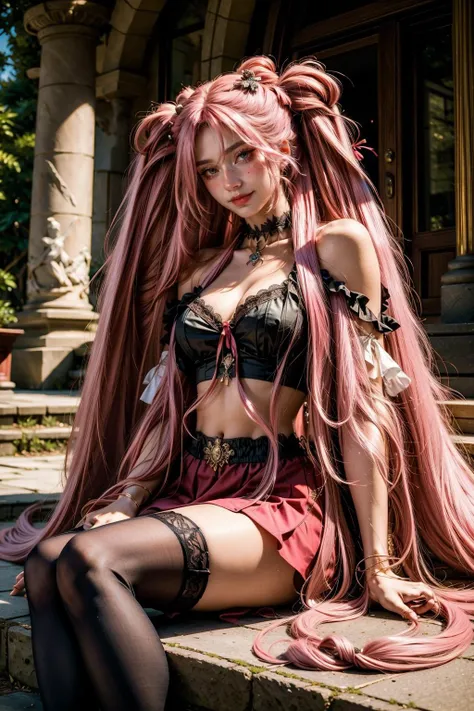 (looking at viewer:1.2), BREAK,
(1girl:1.2), (solo:1.0), (sitting:1.0), (large breasts:1.0), (blush:1.0), (smile:1.0), (pink hair:1.2), (thighhighs:1.0), (red ribbon:1.0), (hair ornament:1.0), (cleavage:1.0), (bare shoulders:1.1), (twintails:1.2), (sitting:1.0), (collarbone:1.1), (microskirt:1.0), (head tilt:1.0), (egirl clothes:1.0), <lora:eGirlMakeup-10:0.8> EGirlMakeup, <lora:eGirlMakeup-08:0.8>, BREAK,
(masterpiece:1.4), (beautiful and aesthetic:1.4) <lora:hair_length_slider_v1:5>