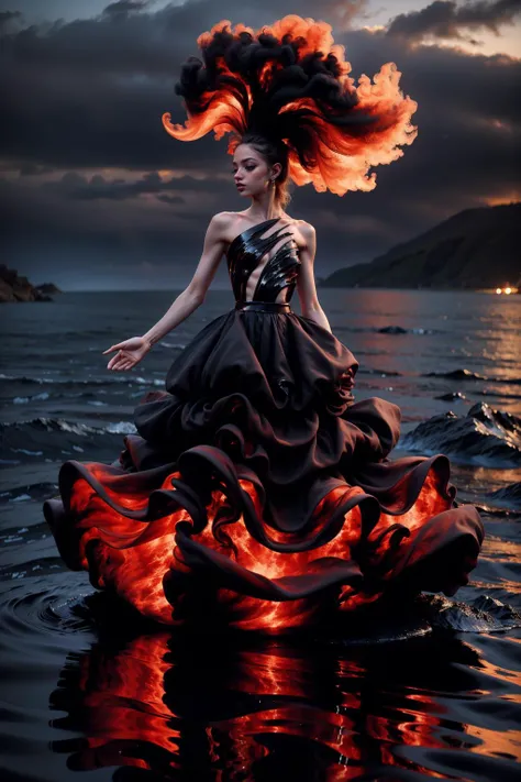 photo of (F0012024v1),night,very dark,levitatin over water in the ocean,reflections in the water,((raising both arms)),(v4lc4n0, bare shoulders, black and red dress, strapless, gown),(full body shot:1.5),<lora:v4lc4n0:0.9>,<lora:detail_slider_v4:2>, eyeshadow,long eyelashes,mascara,eyeliner