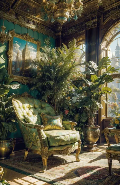 Architectural Digest photo of a maximalist green {vaporwave/steampunk/solarpunk} living room with lots of flowers and plants, golden light, hyperrealistic surrealism, award winning masterpiece with incredible details, epic stunning