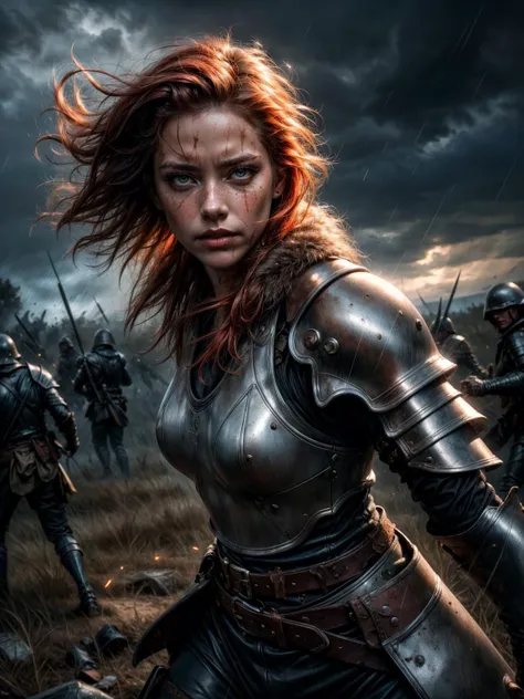 (best quality:1.4), (ultra highres:1.2), (photorealistic:1.4), (8k, RAW photo:1.2), ultra detailed, break, Stormy rainy skies ,  a ginger woman,(highly detailed dark eyes looking at viewer:1.4), highly detailed wet face, 1girl, female warrior, highlight short red hair, soaking wet hair, medium breasts, [little_freckles], Facial skin soiled by battle, [[Blood splatter]],  leather and worn scratched used wet metal armor,fur, sword belt, break, fighting stance, wind, cinematic lighting, realistic, dramatic light, break, Rain falls on the battlefield , dark_Smokes, fireflies,piles of dead corpses,  Medieval_battlefield_ravaged_by_war_background, <lora:more_details:0.7>, solo focus, <lora:beautiful detailed eyes:0.2>