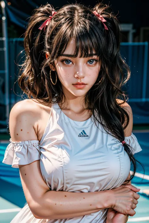 1girl,(20 years old:1.2),cute girl,famous japanese idol,kawaii,realistic body,good figure,black hair,thick hair,(twintails:1.2),(wavy hair:1.2),(hair ribbon:1.2),(blunt bangs:1.2),braided hair,cute,young,cute face,pretty face,realistic face,make up,powder blusher,beautifully detailed eyes,drooping eyes,round eyes,(beautiful big eyes:1.2),large blue eyes,beautiful and clear eyes,eye make up,double eyelid,tear bag,(fair skin,shiny skin:1.5),supermodel body,supermodel,(Perfect body:1.5),earrings,jewelry,<lora:detailed_eye-10:0.3>,<lora:zyd232_ChineseGirl_v4_2:0.75>,<lora:GoodHands-beta2:1>,girl idol,(blurred background:1.5),(natural pose:1.5),<lora:epi_noiseoffset2:1>,((Hasselblad photography)),sharp focus,(cinematic lighting),night,soft lighting,dynamic angle,(((tennis field))),outside,(gigantic breasts:1),nsfw,jav,