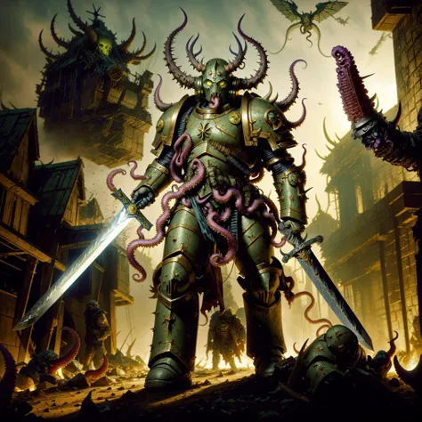 Generate a stunning art style, a true [masterpiece] [best quality] of art. The image showcases [detailed linework], [dynamic shading], and [dramatic lighting], bringing to life a [dreading atmosphere, grim dark coloures] . In the background a [gothic hive city, siege, swamp:1.5, explosion, warhammer 40k] is to be seen in [grand:1.8, high-scale:1.8, panorama:1.8] from [from below].
BREAK;
truenurgel, space marine is [(solo), (full body), (charging forward)] through wall. It is wearing [(tentacles:1.5), dirty, pus,  (mutation:1.5), rotting flesh, (broken full armor:1.5), skull_ornaments, glowing eyes, (horned_helmet:1.5), helm details, skull, green detail armor, armor detail, metal trimmings, roten cape, pelvic curtain]. It is holding [(sword:1.5)]. In the background are [death, dead bodies, carcass, bloody face] to be seen.  <lora:truenurgle:0.7>