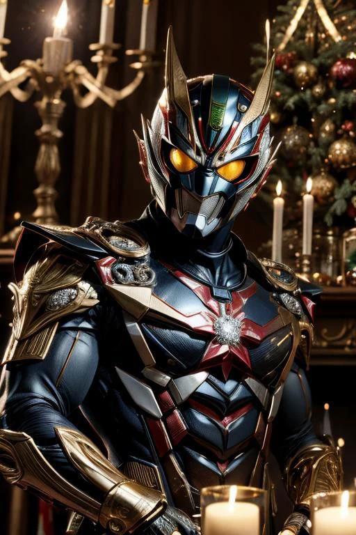 (best quality), (masterpiece),(ultra-detailed:1.2),ultra high res, kamen rider , 1boy, cinematic lighting, face focus, cool pose, ornaments, dreidels, wrapping paper, snowflakes, candles, fireplaces. etc, christmas theme