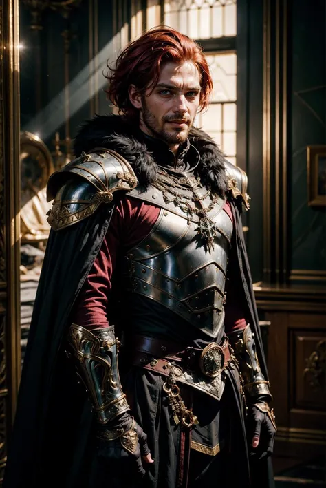 masterpiece, best quality, masterpiece, best quality, Create a striking art piece featuring an edgy male villain, hyper detailed, ultra realistic, depth of field, (1man), early 20s, short hair, bright red hair, handsome, (intimating look, evil smile) looking at viewer, medieval, dark fantasy, black cloak, (black light armor), (green eyes), decoration light through windows, dramatic shadow, commanding posture, exuding an aura of malevolence and mystery that captivates and intimidates viewers, phenomenal aesthetic, sumptuous artwork