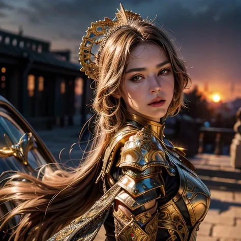 best quality , masterpiece , female ,(beautiful girl:2) (masterpiece), (extremely intricate:1.3), (realistic), portrait of a girl, the most beautiful in the world, (medieval armor), metal reflections, upper body, outdoors, intense sunlight, far away castle, professional photograph of a stunning woman detailed, sharp focus, dramatic, award winning, cinematic lighting, octane render unreal engine, volumetrics dtx, (film grain, blurry background, blurry foreground, bokeh, depth of field, sunset, motion blur:1.3), chainmail