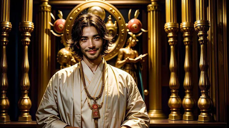 masterpiece, best quality, masterpiece, best quality,The temple priest preaches the Dharma, Man,handsome, (intimate look, FRIENDLY smile, serious, polite) looking at viewer,