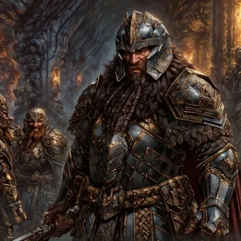 (masterpiece:1.2), (best quality,:1.2), 8k, HDR, ultra detailed, ((photorealistic)), perfect anatomy, professional light, cinematic lighting, fashion photography, ambient lighting,<lora:detail_slider_v4:3>, OverallDetail, a dwarf, long beard, ((portrait shot)), wearing intricate armor, DwarAr, <lora:DwarvenArmor:0.8>, belt, blue cape, helmet, in an underground hall with a dwarven forge and furnace, fire, lava, smithy, DwaRe, <lora:DwarvenRealms-10:0.6>, in the style of Tolkien, Middle Earth, Moria, ((perfect hands)), epiCPhoto