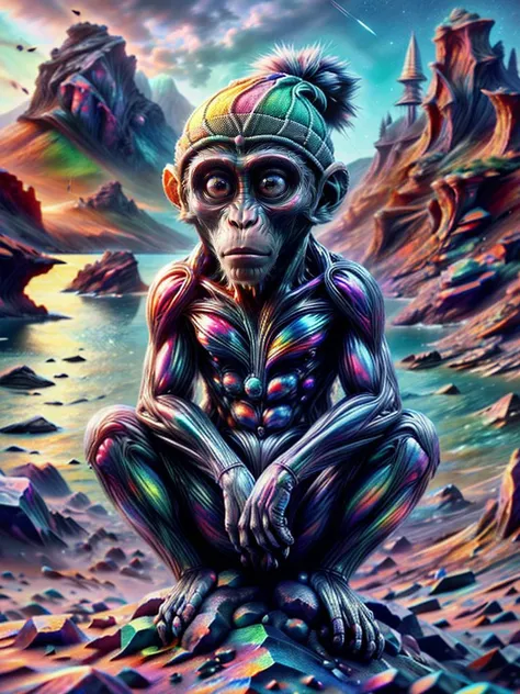 sparkling, (monkey wearing beanie), with a rocky coastline in the background, made of ral-bismuth and alienzkin, <lora:ral-bismut-sd15:0.8> <lora:ral-alienzkin:1>