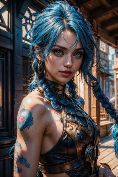 (best quality, masterpiece, colorful, dynamic angle, highest detailed)(Jinx, Legue of Legends, Arcane) upper body professional photo, award winning fashion photography of sexy, intense blue long hair, JinxLol  <lora:JinxLol:1>, Legue of Legends, Arcane, flirting, bokeh, (intricate details, hyperdetailed:1.15), detailed, sunlight passing through hair (official art, colorful background, extreme detailed, highest detailed, natural skin texture, hyperrealism, soft light, sharp, perfect face),