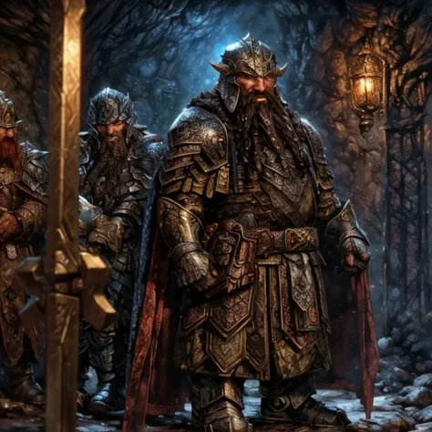 (masterpiece:1.2), (best quality,:1.2), 8k, HDR, ultra detailed, ((photorealistic)), perfect anatomy, professional light, cinematic lighting, fashion photography, ambient lighting,<lora:detail_slider_v4:3>, OverallDetail, a dwarf, long beard, ((portrait shot)), wearing intricate armor, DwarAr, <lora:DwarvenArmor:0.8>, belt, blue cape, helmet, in an underground hall with a dwarven forge and furnace, fire, lava, smithy, DwaRe, <lora:DwarvenRealms-10:0.6>, in the style of Tolkien, Middle Earth, Moria, ((perfect hands)), epiCPhoto