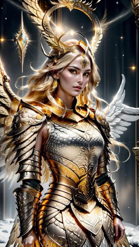 ((warrior goddess hera)) , super high resolution, best quality, photo, 8k, (photorealistic: 1.2), cinematic lighting, woman beautiful face warrior wearing heavy iron body armor insanely detailed and intricate , floating on crystal clouds, yellow eyes, golden light emanating from the throne, gems floating in the sky, God, with beams of light enveloping the body, wings open, golden light (halo:1.2) above your head, feminine, dark, masterpiece , best quality, intricate details, snowy environment and crystals in the background, crystal cathedral, portal of the future, 3D lighting, HD, magic, god of light, backlight, detailed faces, DREAD, depth of field, soft lighting, tone mapping, highly detailed, concept art, smooth, sharp focus, dramatic lighting, highly detailed art, cinematic, 8K, great shadows ( highly detailed background: 1.2), a viking, a spartan, fighting, blood, sweat, war, full body image, holding bjorn in left hand. ((Phoenix wings of fire)), (The face is beautiful and slim), ((body burns)), <lora:nữ rá»ng:1>