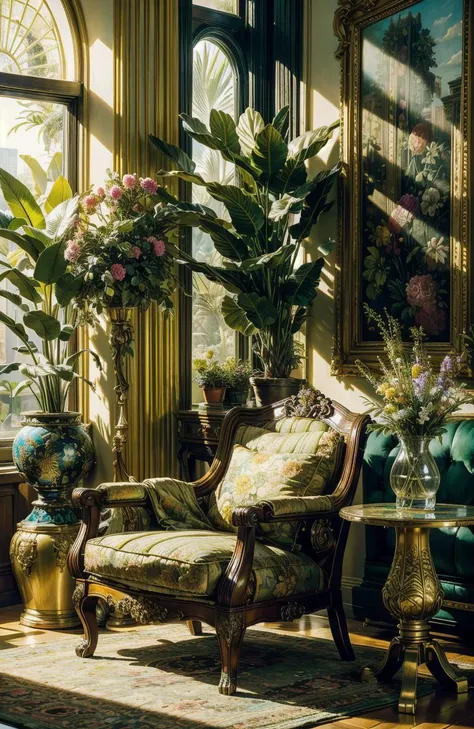 Architectural Digest photo of a maximalist green {vaporwave/steampunk/solarpunk} living room with lots of flowers and plants,golden light,hyperrealistic surrealism,award winning masterpiece with incredible details,epic stunning,photorealistic,realism,realistic,more detail,